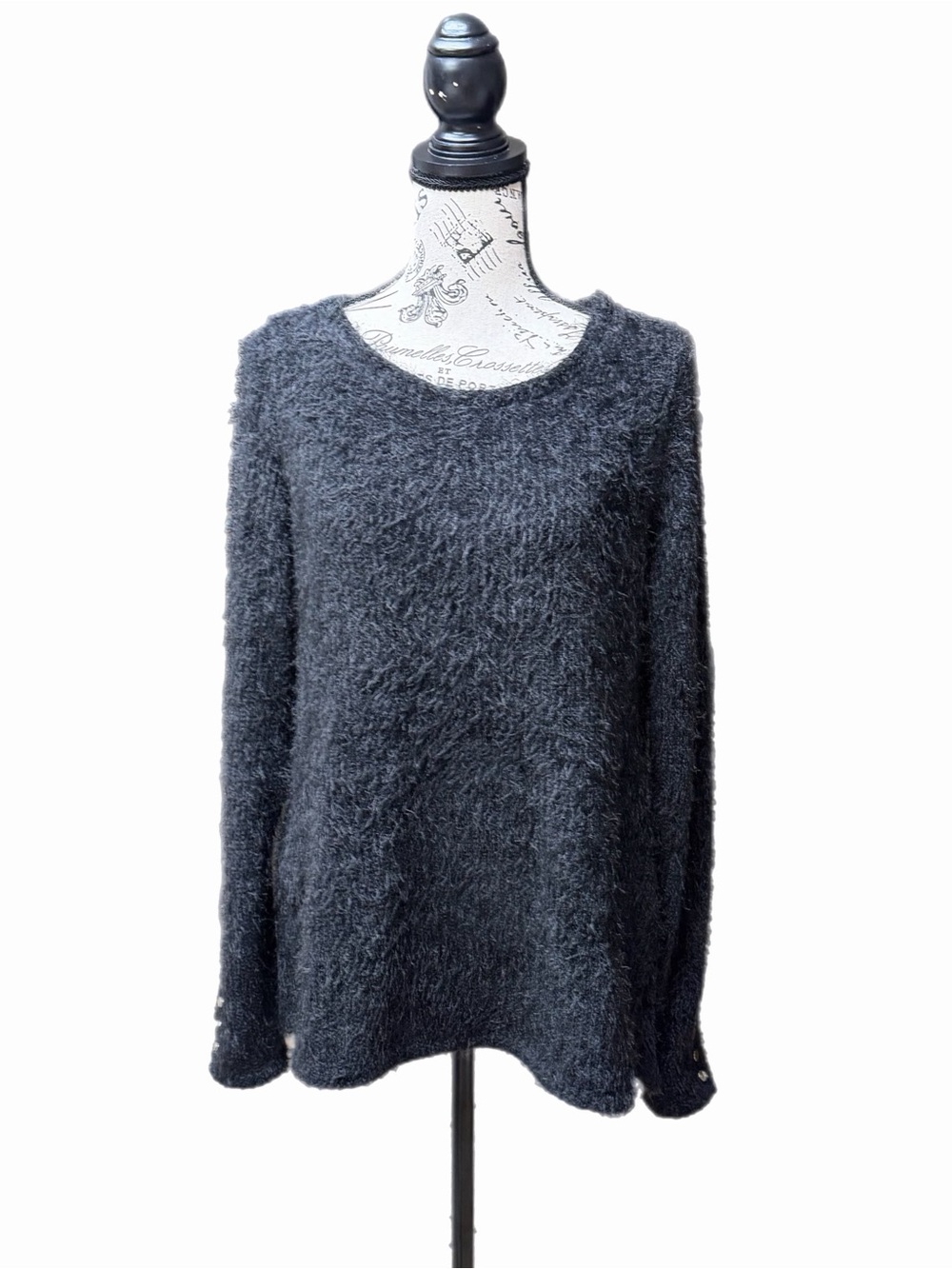 Susan Graver Occasions Women Black Fussy Scoop Neck Pullover Sweater M